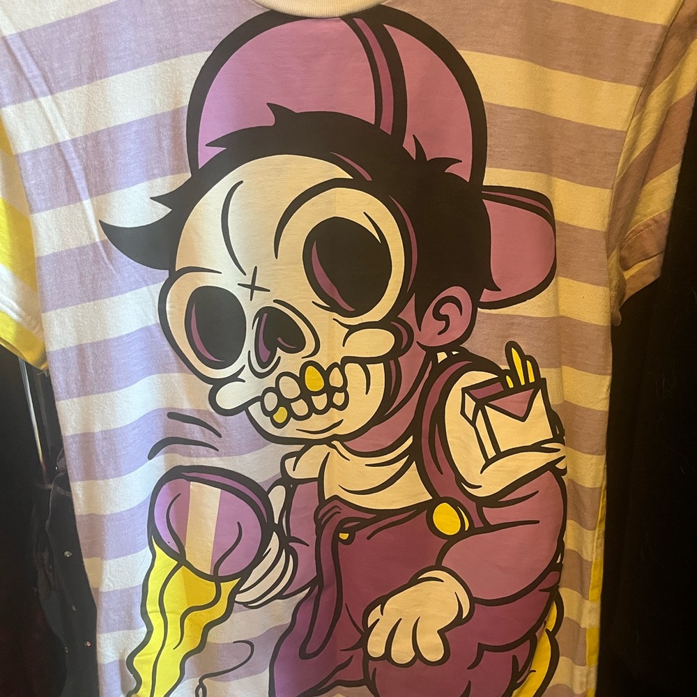 DROP DEAD Striped Purple and Yellow Graphic Tee